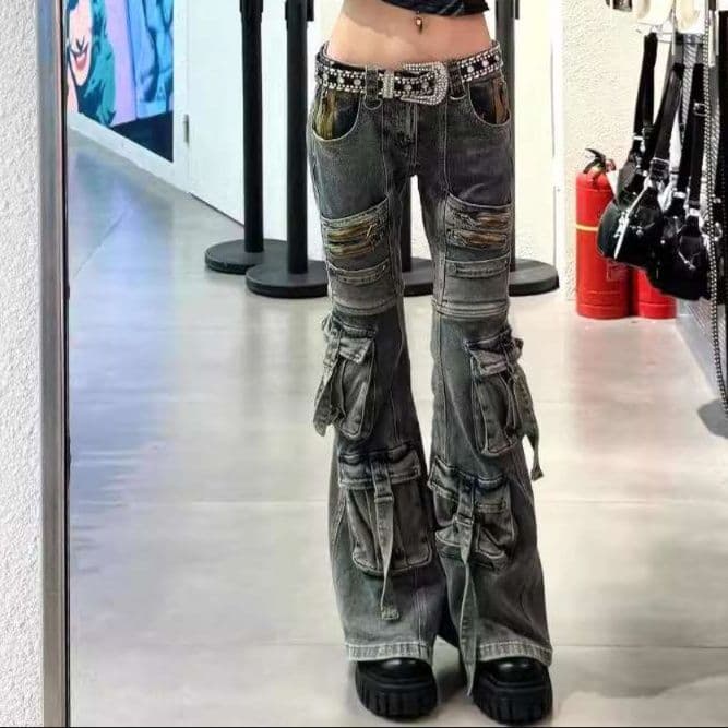 Y2Kファッション 多段カーゴフレアパンツ