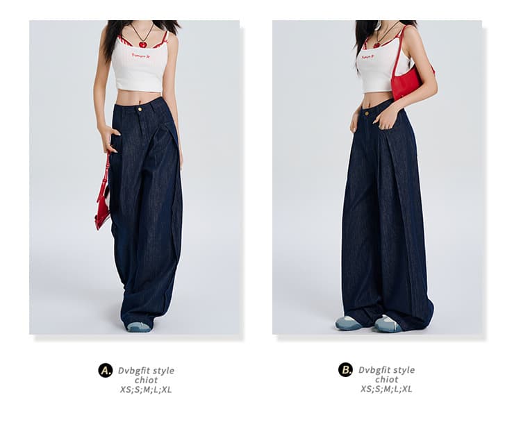 Y2Kファッション レトロ風ハイウエストワイドデニムパンツ