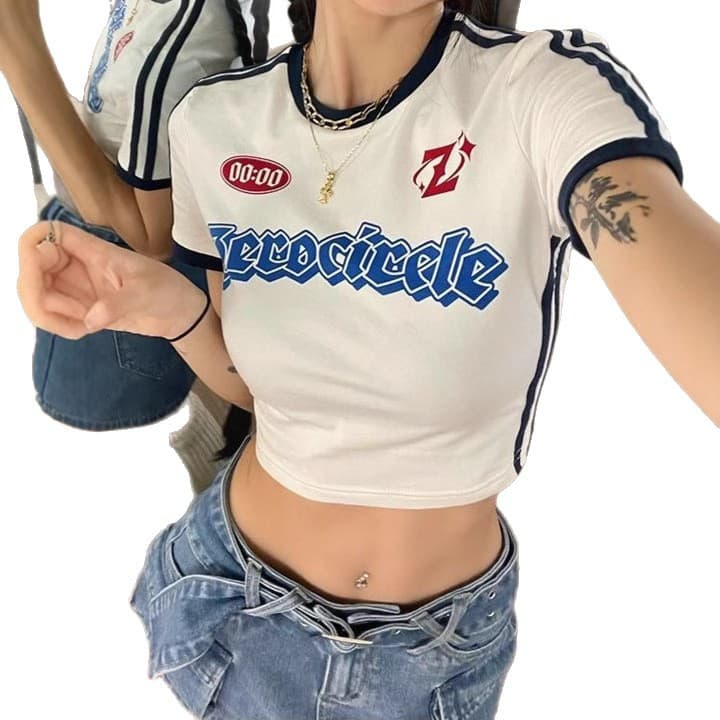 Y2Kファッション ストリート風ロゴプリントクロップド丈Tシャツ