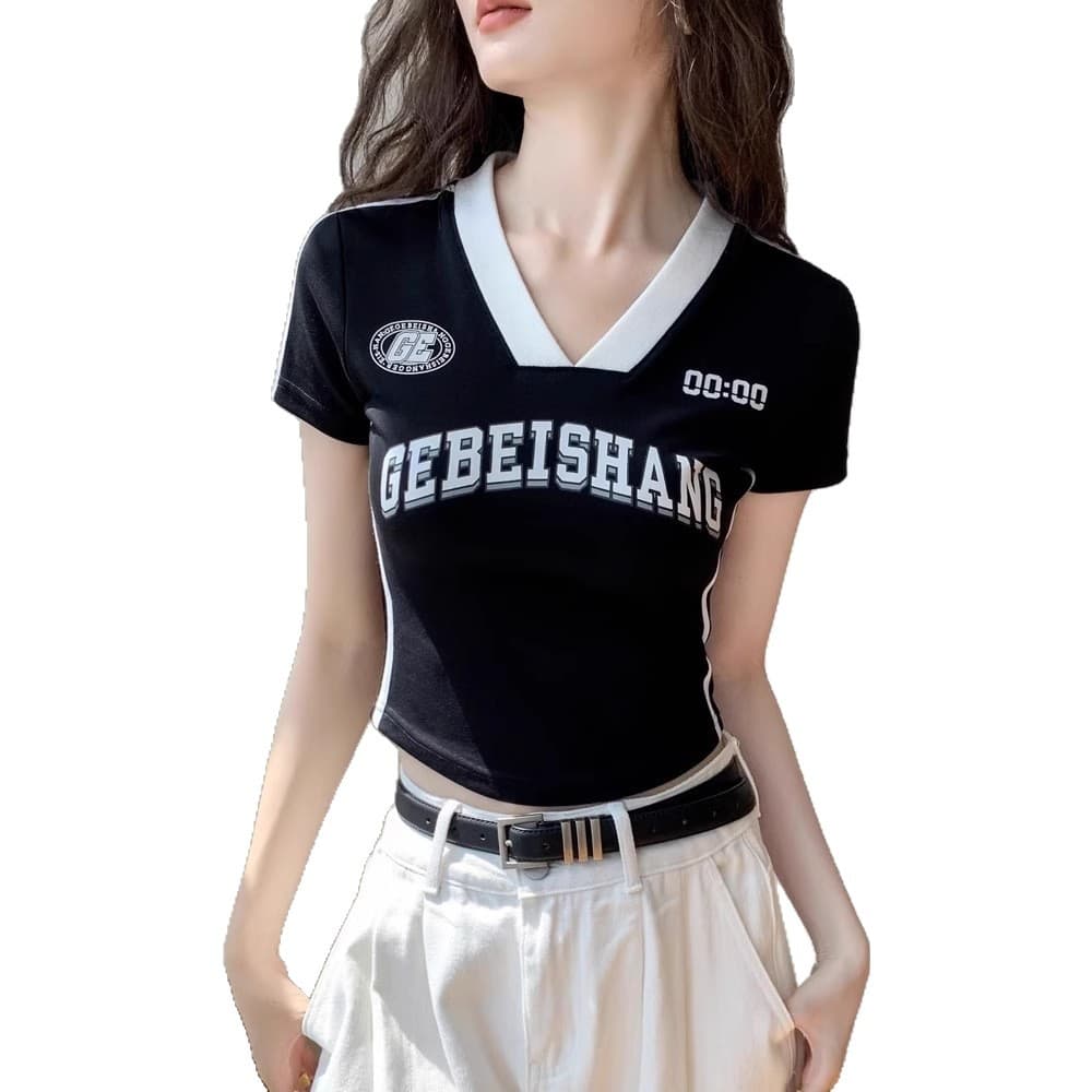 Y2Kファッション ウエストマークロゴ入りクロップド丈Tシャツ