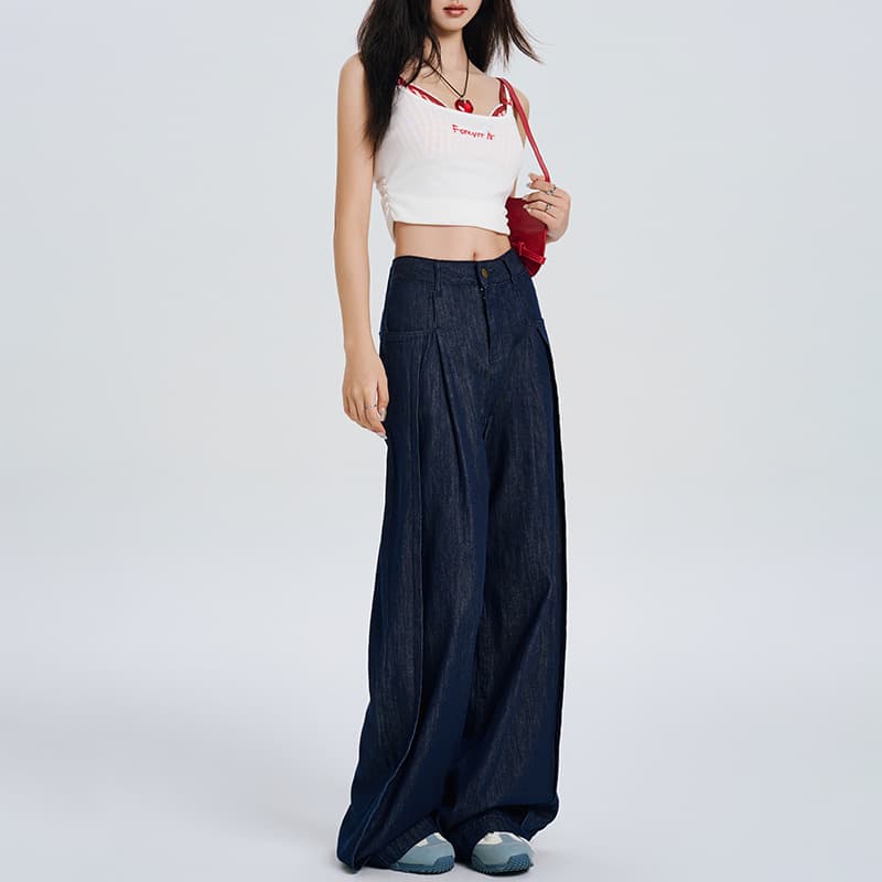 Y2Kファッション レトロ風ハイウエストワイドデニムパンツ