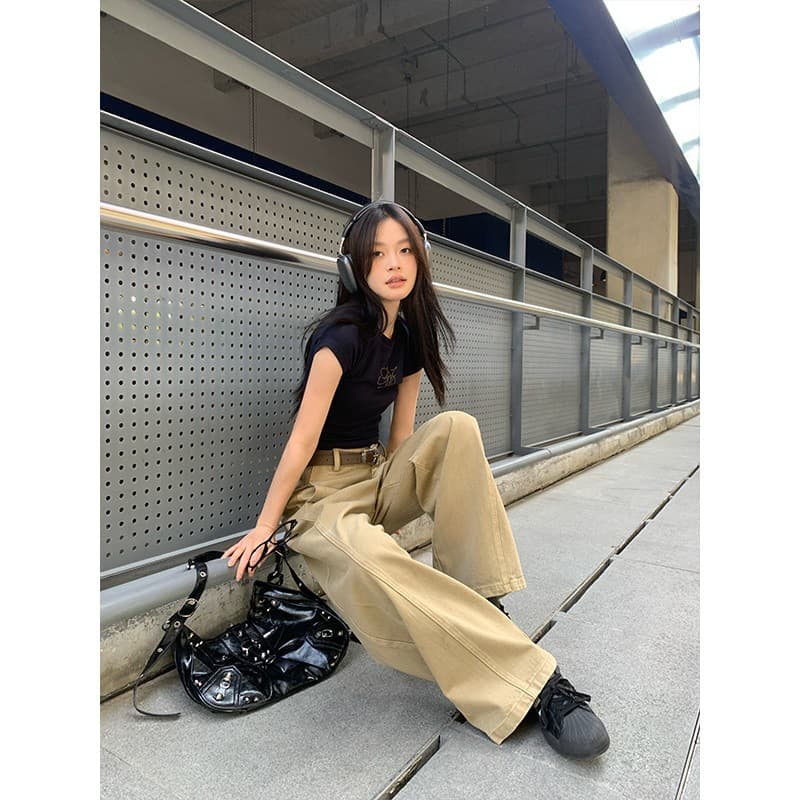 Y2Kファッション ハイウエストワイドレッグデニムパンツ