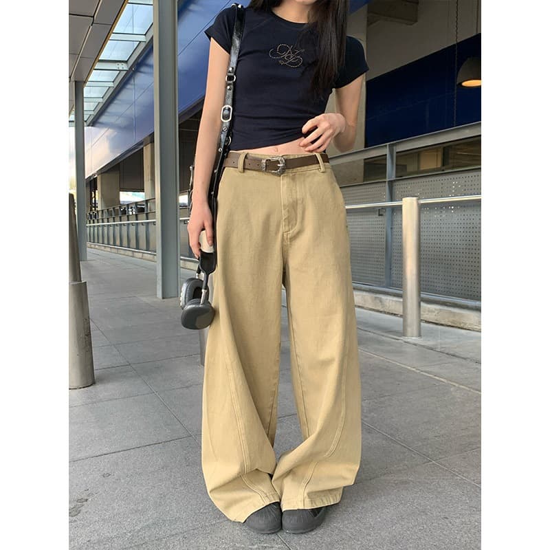 Y2Kファッション ハイウエストワイドレッグデニムパンツ
