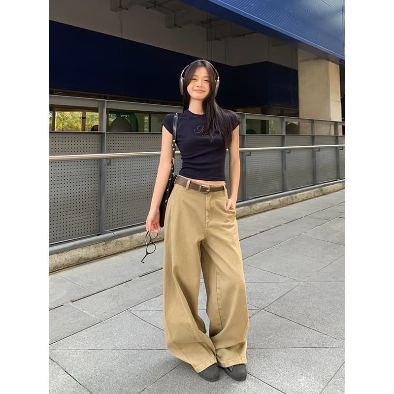 Y2Kファッション ハイウエストワイドレッグデニムパンツ