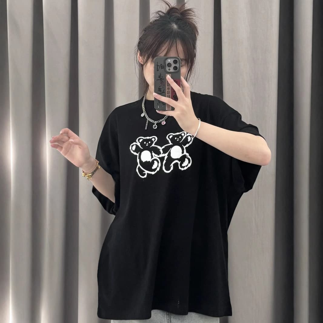 Y2Kファッション クマ柄プリントゆったり半袖Tシャツ