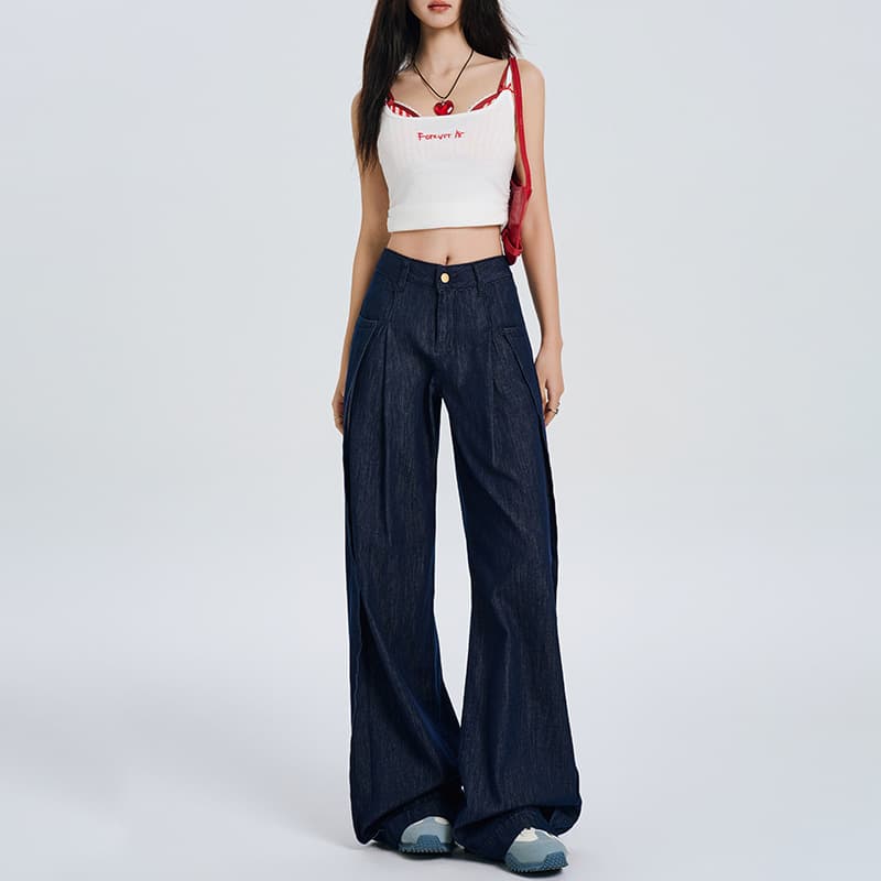 Y2Kファッション レトロ風ハイウエストワイドデニムパンツ