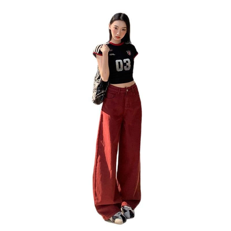 Y2Kファッション ハイウエストワイドデニムパンツ