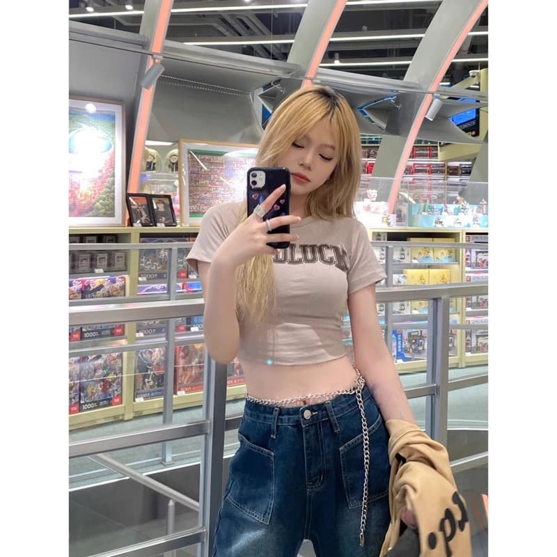 Y2Kファッション ロゴプリント クロップド丈Tシャツ