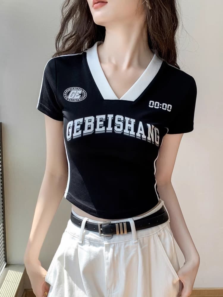 Y2Kファッション ロゴプリント細身クロップド半袖Tシャツ