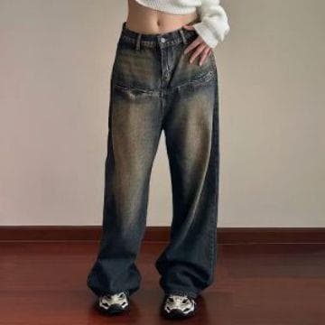 Y2Kファッション 古着風ワイドデニムパンツ