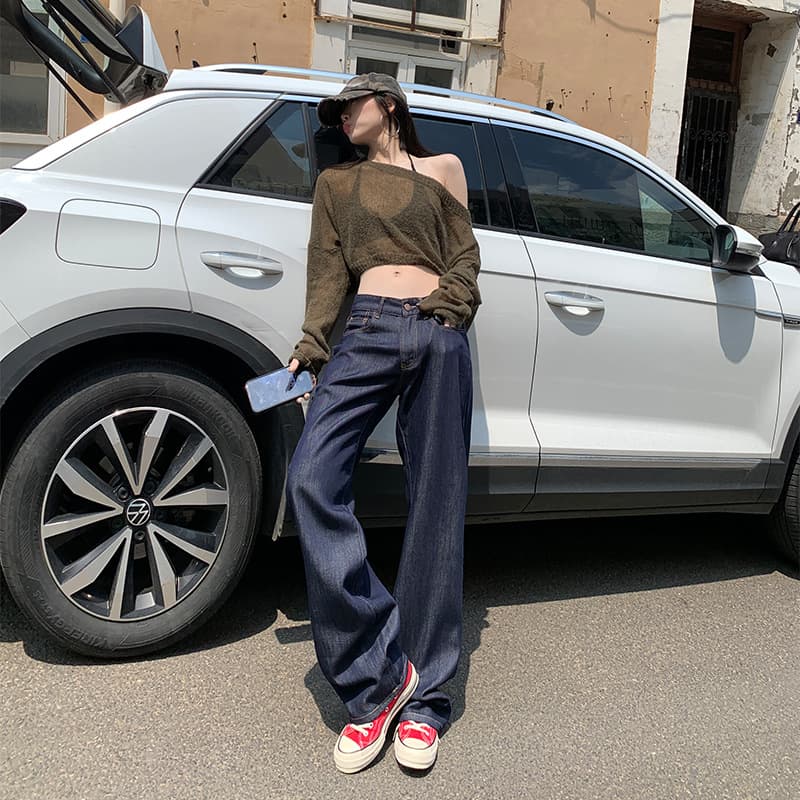 Y2Kファッション ハイウエストストレートデニムパンツ