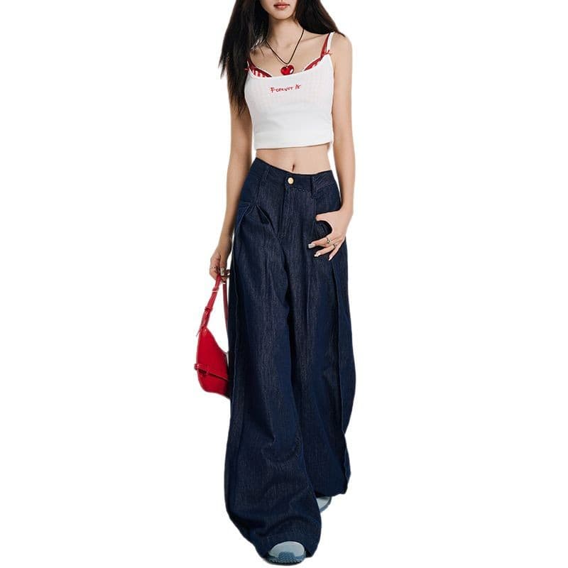 Y2Kファッション レトロ風ハイウエストワイドデニムパンツ